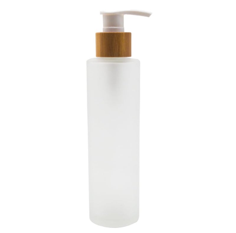 Elandy 150ML/5OZ Empty Refillable Transparent Frosted Glass Lotion Pump Bottle with Bamboo Pump Soap Dispensers Toiletries Storage Containers for Shampoo Essential Oils Shower Gel - Image 1